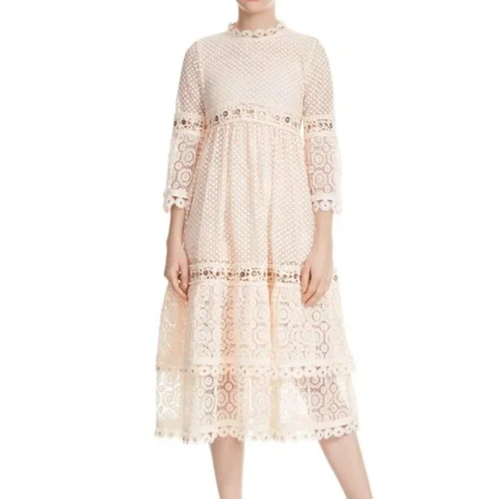 Maje Blush Pink Roso Gold Grommet Lace Tiered Half Sleeve Midi Dress size 1 / S - Picture 2 of 12